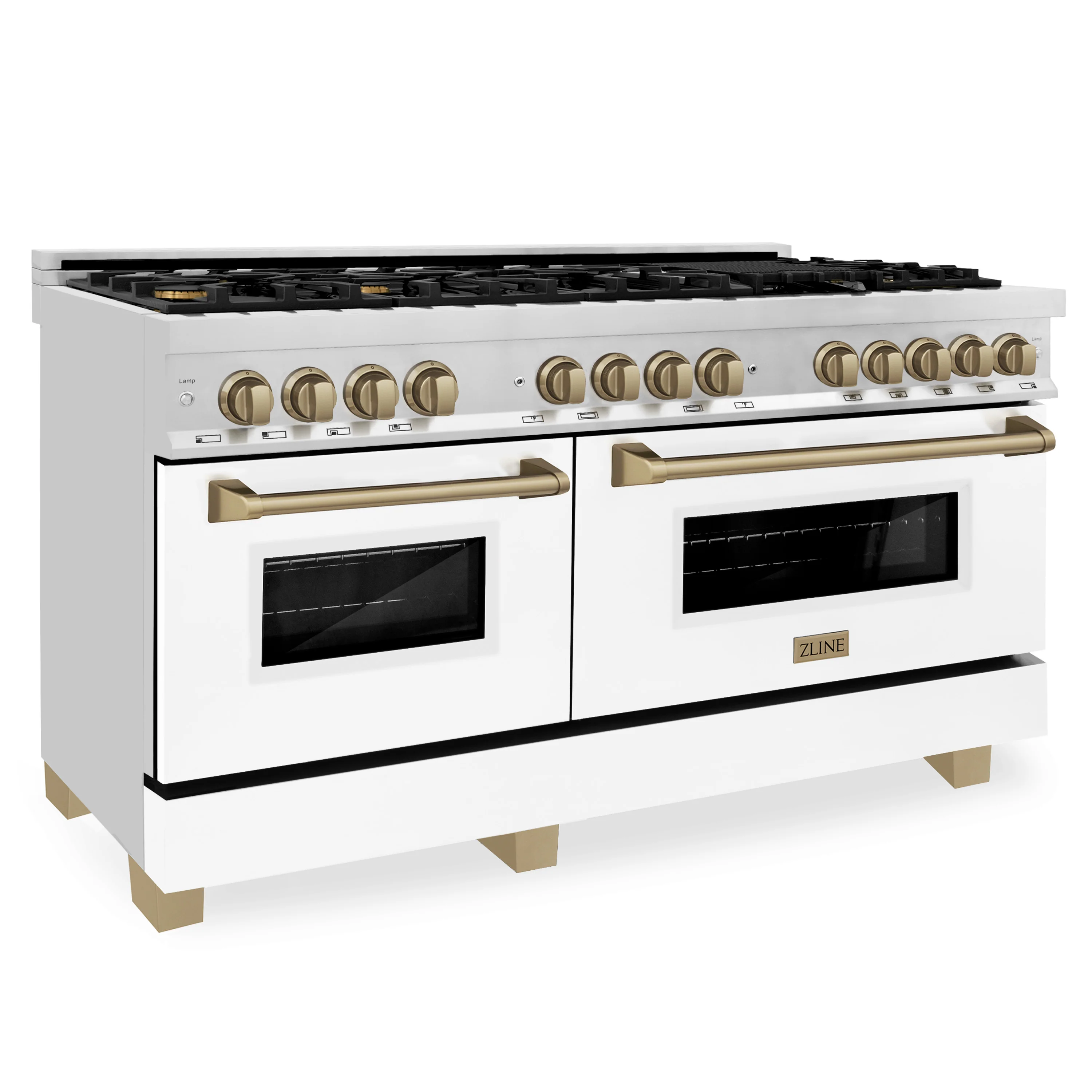 ZLINE Autograph Edition 60 in. 7.4 cu. ft. Legacy Dual Fuel Range with 9 Burner Gas Cooktop and 2 Electric Convection Ovens in Stainless Steel with White Matte Doors and Champagne Bronze Accents (RAZ-WM-60-CB) - Image 5