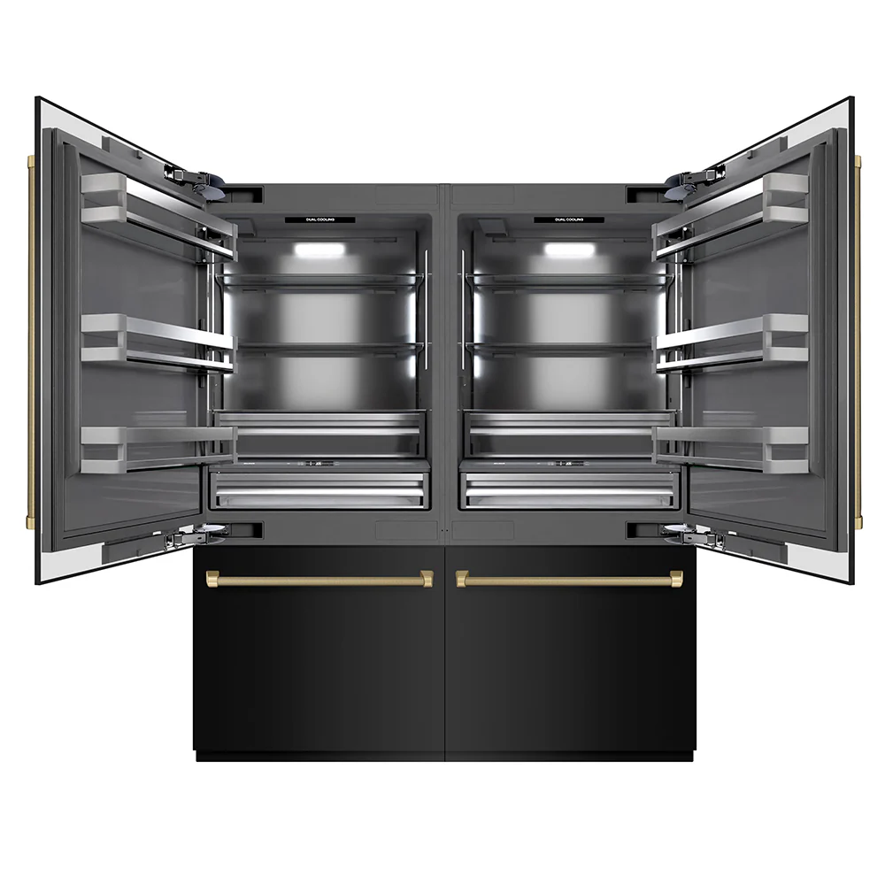ZLINE Autograph Edition 72 in. 39.6 cu. ft. French Door Built-In Bottom Freezer Refrigerator with Water Dispensers and Ice Makers in Black Stainless Steel with Graphite Gray Interior and Champagne Bronze Helix Handles (GRBITZ-BS72-KCB)