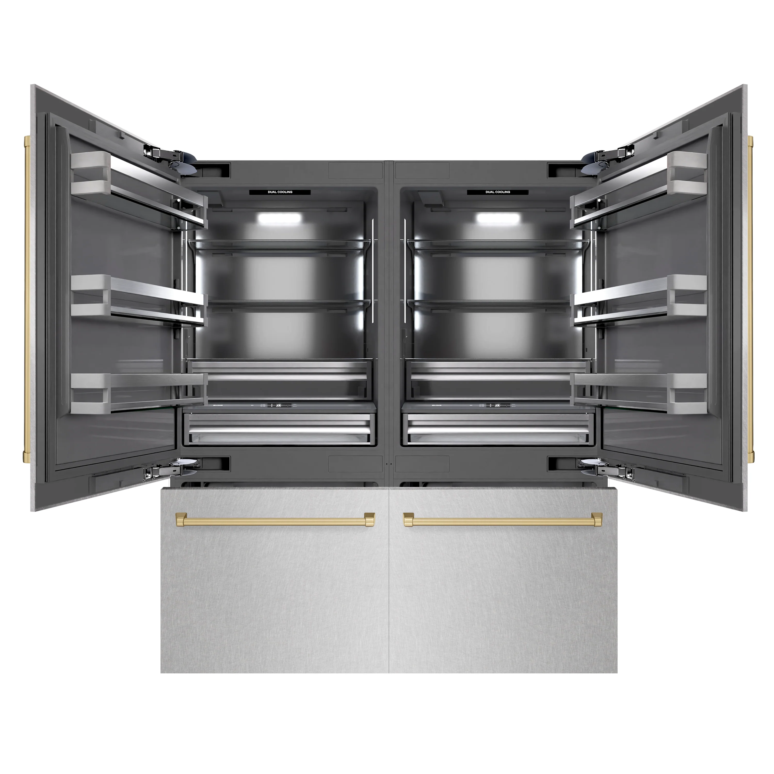 ZLINE Autograph Edition 72 in. 39.6 cu. ft. French Door Built-In Bottom Freezer Refrigerator with Water Dispensers and Ice Makers in Satin Stainless Steel with Graphite Gray Interior and Champagne Bronze Accents (GRBITZ-SN-72-CB) - Image 3
