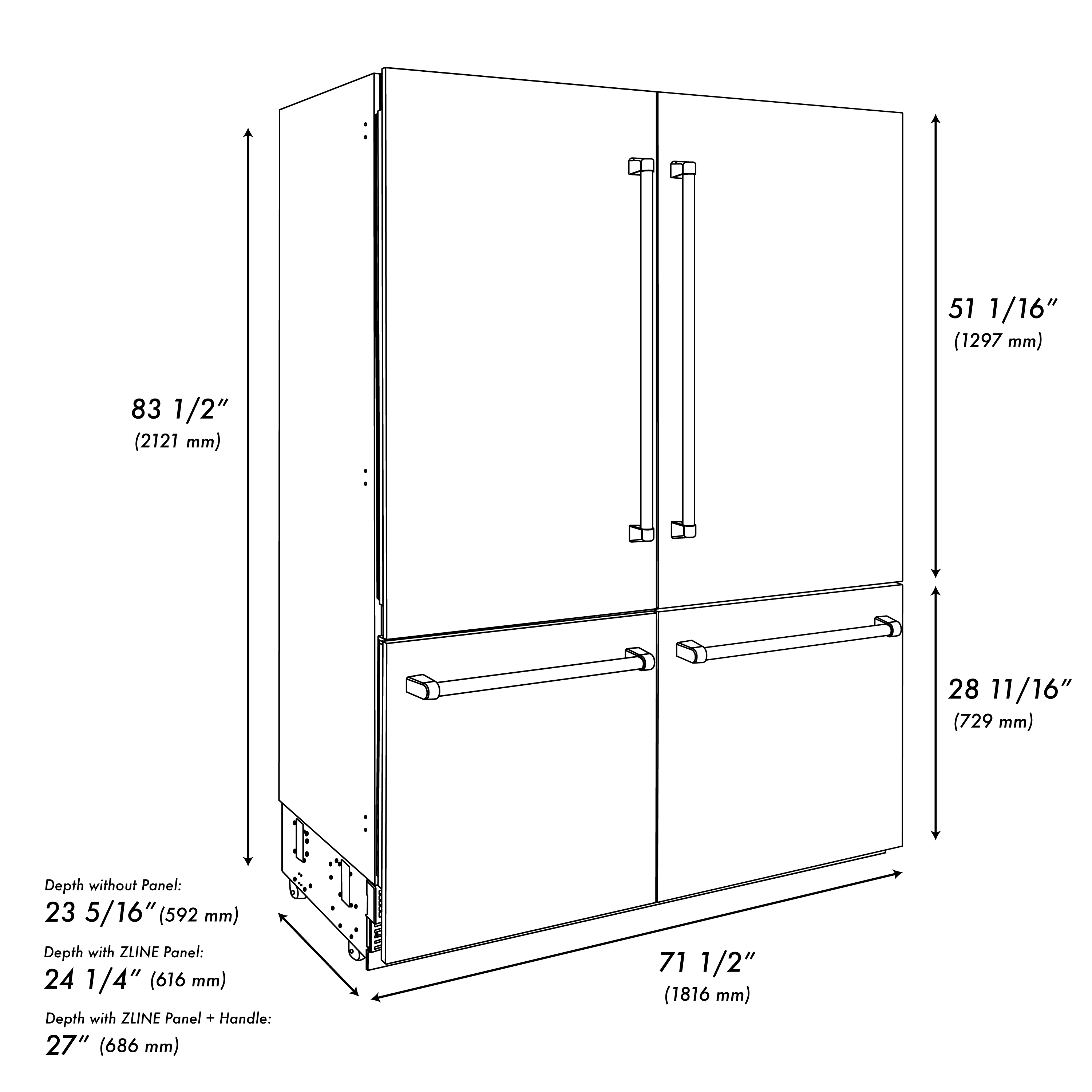 ZLINE Autograph Edition 72 in. 39.6 cu. ft. French Door Built-In Bottom Freezer Refrigerator with Water Dispensers and Ice Makers in Satin Stainless Steel with Graphite Gray Interior and Matte Black Accents (GRBITZ-SN-72-MB) - Image 12