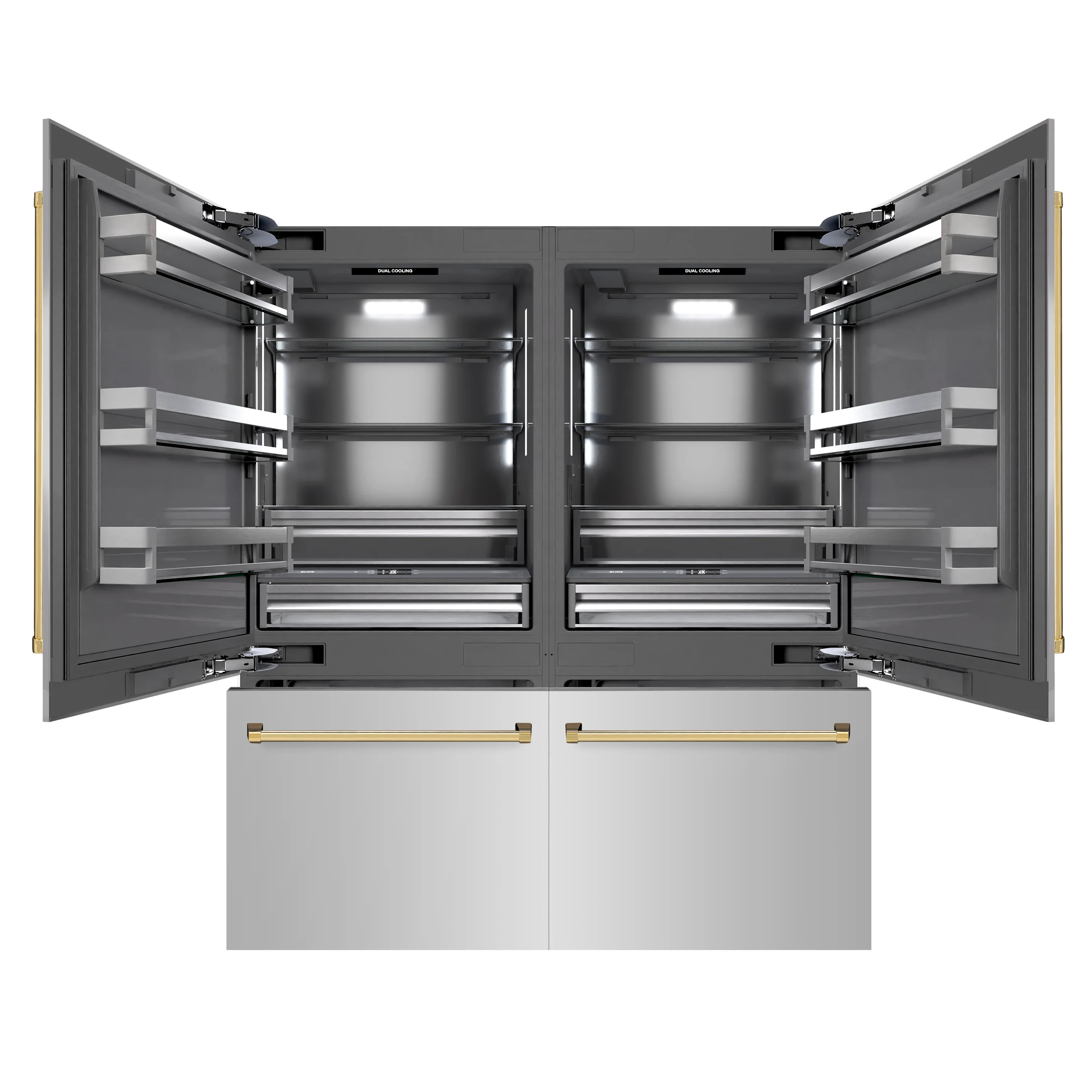ZLINE Autograph Edition 72 in. 39.6 cu. ft. French Door Built-In Bottom Freezer Refrigerator with Water Dispensers and Ice Makers in Stainless Steel with Graphite Gray Interior and Polished Gold Accents (GRBITZ-304-72G) - Image 3