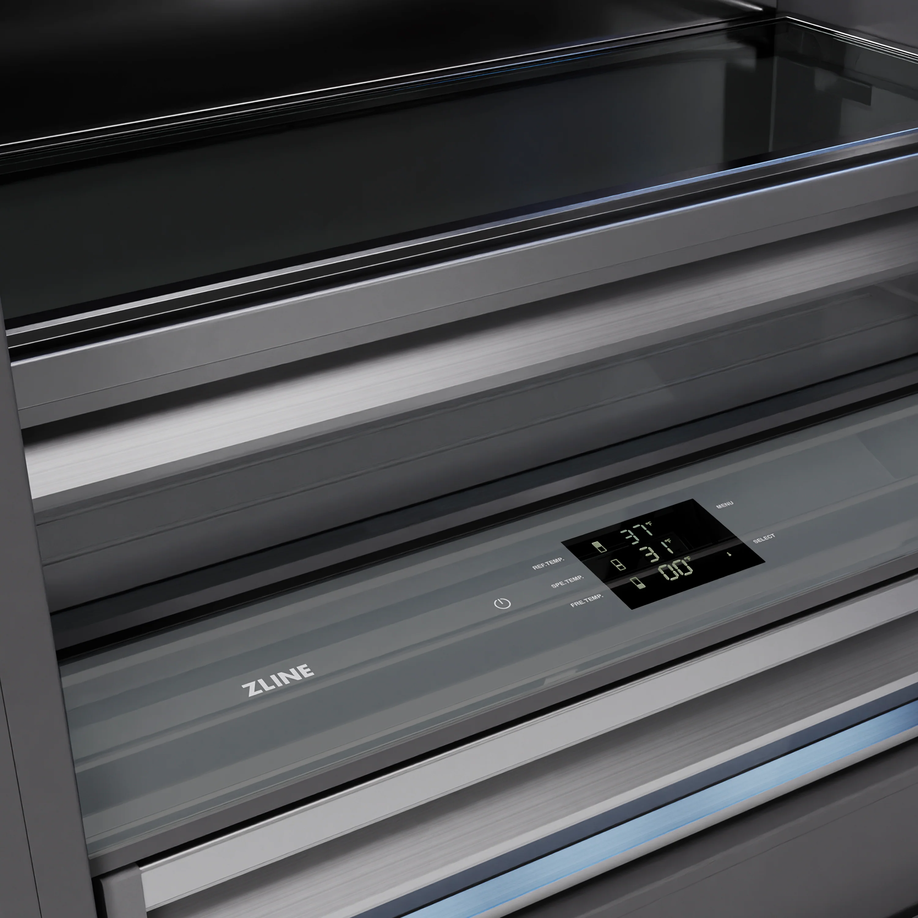 ZLINE Autograph Edition 72 in. 39.6 cu. ft. French Door Built-In Bottom Freezer Refrigerator with Water Dispensers and Ice Makers in Stainless Steel with Graphite Gray Interior and Polished Gold Accents (GRBITZ-304-72G) - Image 4