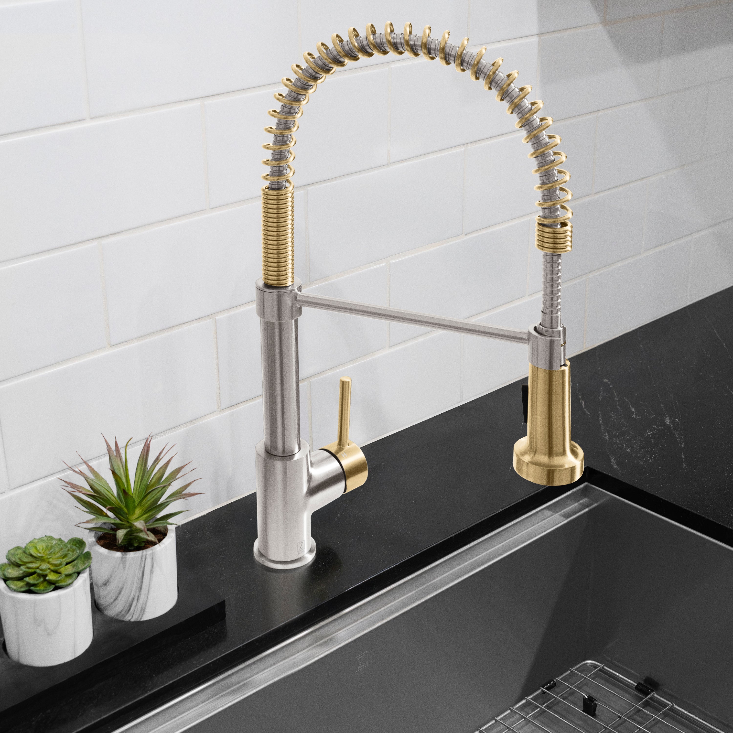 ZLINE Autograph Edition Apollo Pull Down Spring Single Handle Kitchen Faucet in Brushed Nickel and Champagne Bronze (APL-KF-ZBNCB) - Image 11