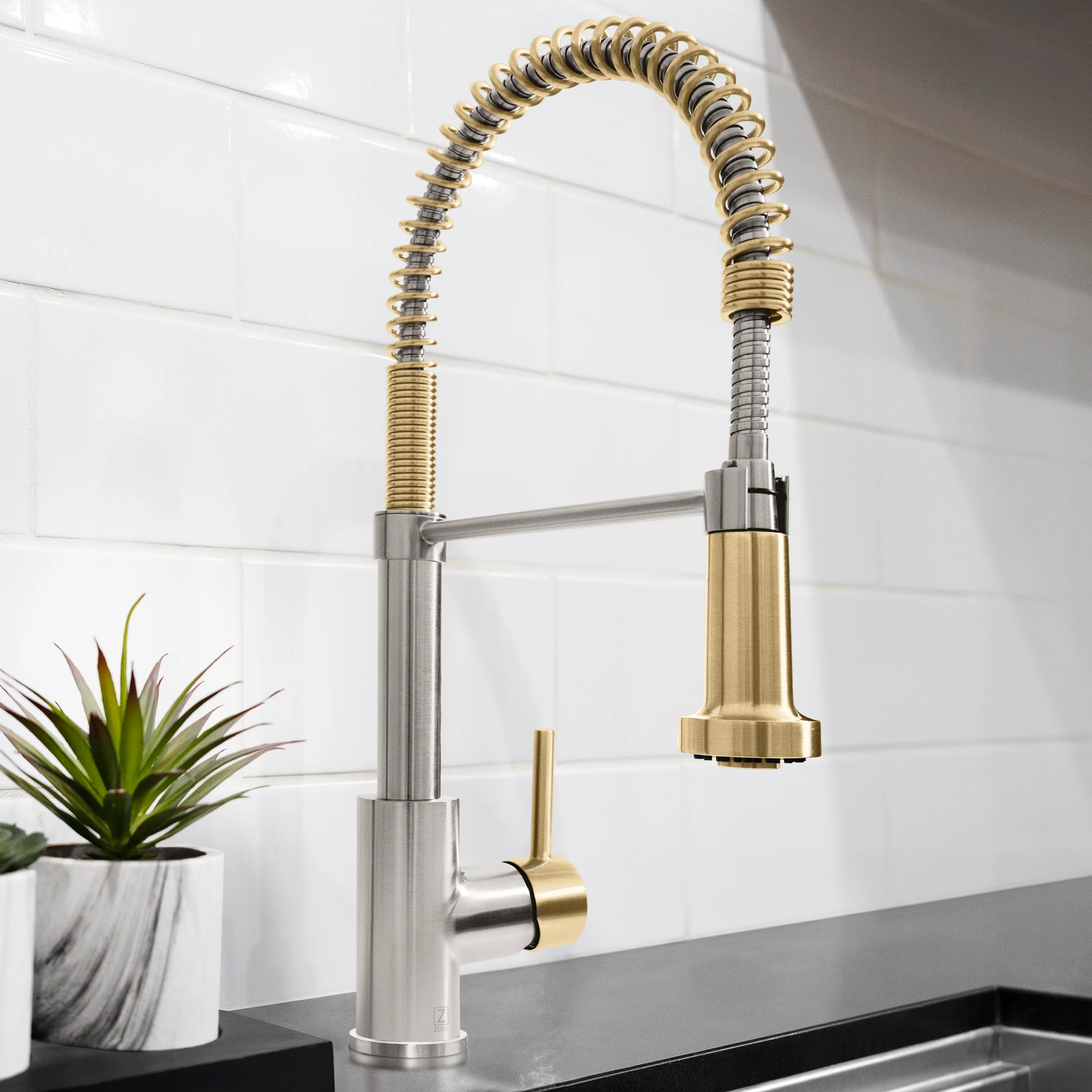 ZLINE Autograph Edition Apollo Pull Down Spring Single Handle Kitchen Faucet in Brushed Nickel and Champagne Bronze (APL-KF-ZBNCB) - Image 2
