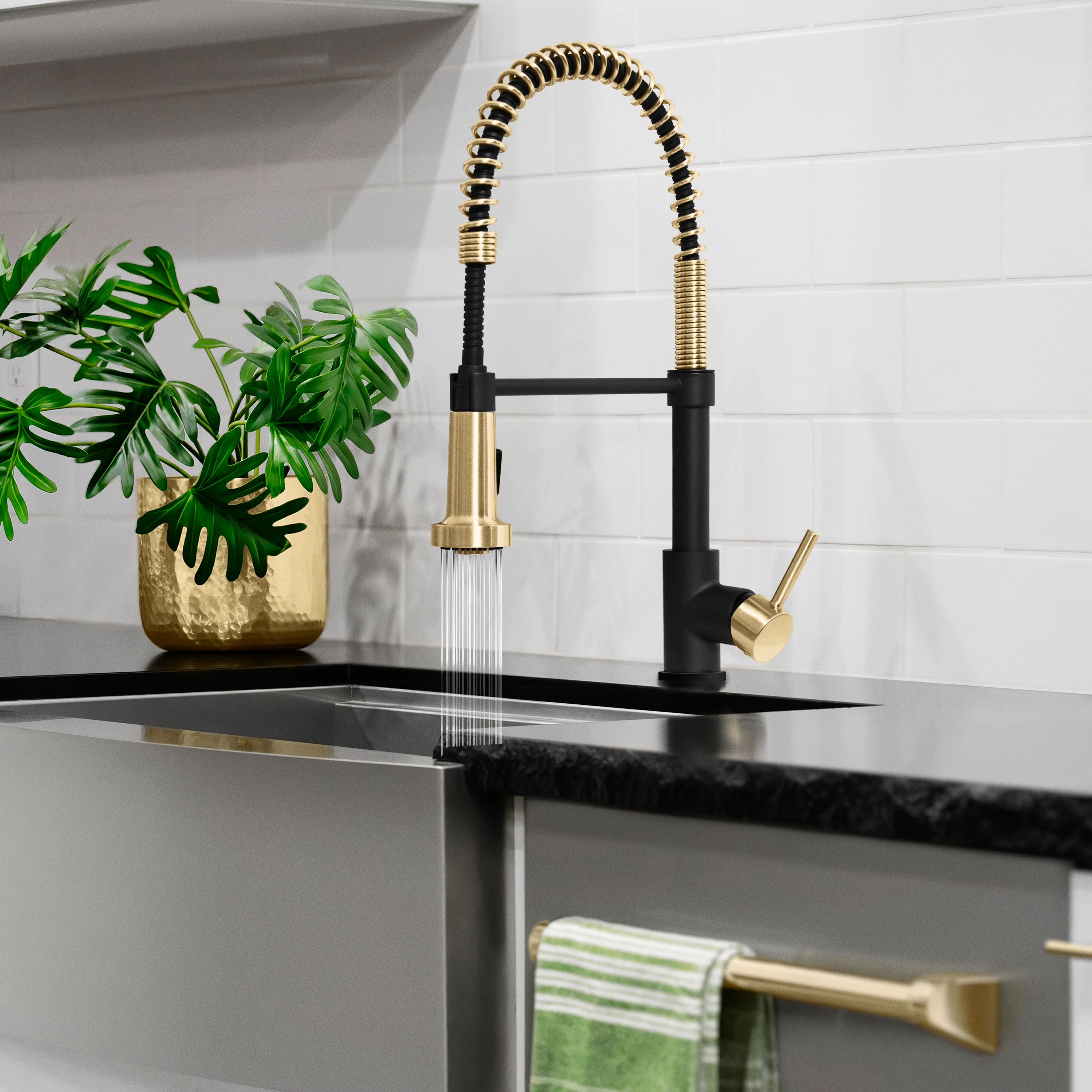 ZLINE Autograph Edition Apollo Pull Down Spring Single Handle Kitchen Faucet in Matte Black and Champagne Bronze (APL-KF-ZMBCB) - Image 8