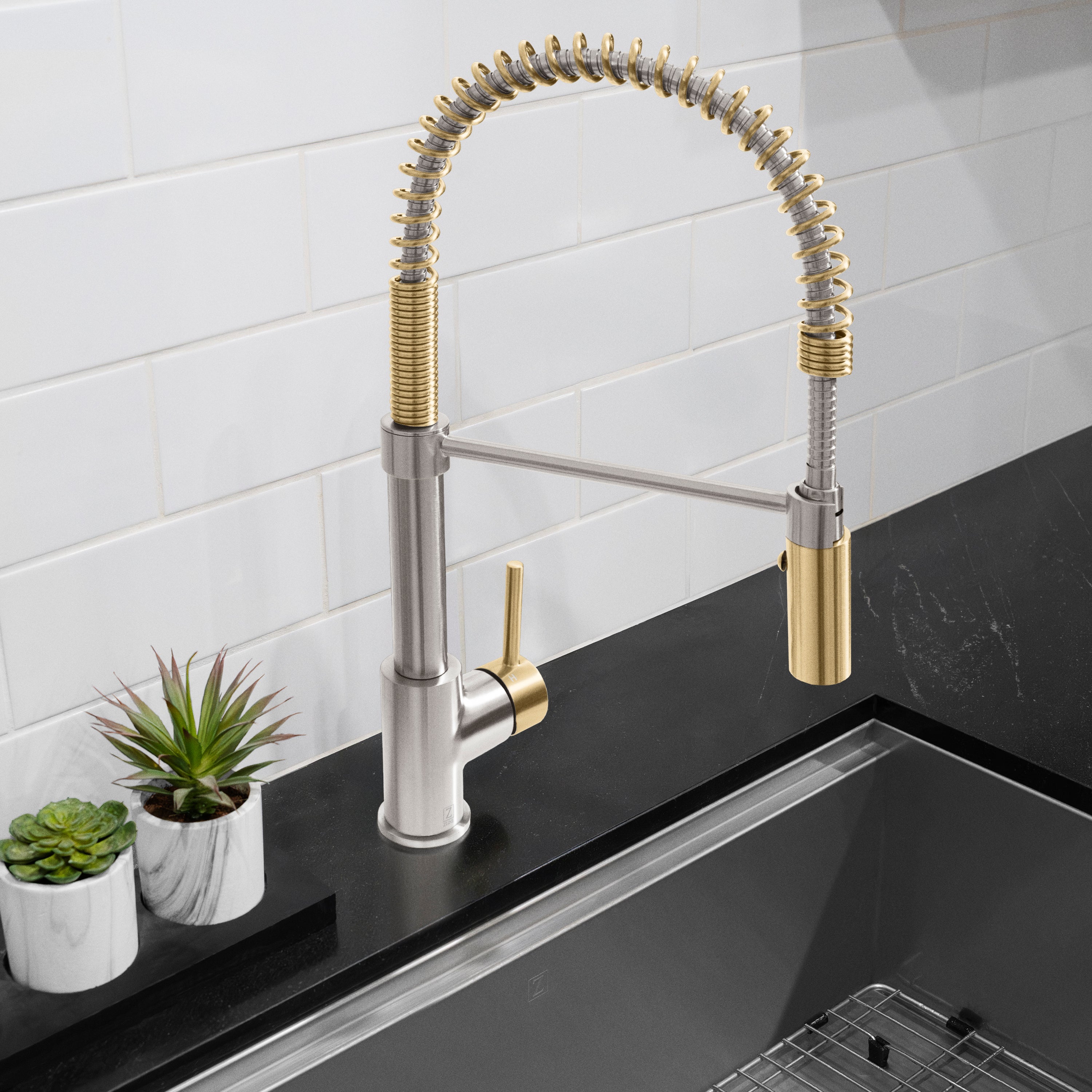 ZLINE Autograph Edition Sierra Pull Down Spring Single Handle Kitchen Faucet in Brushed Nickel and Champagne Bronze (SRA-KF-ZBNCB) - Image 2