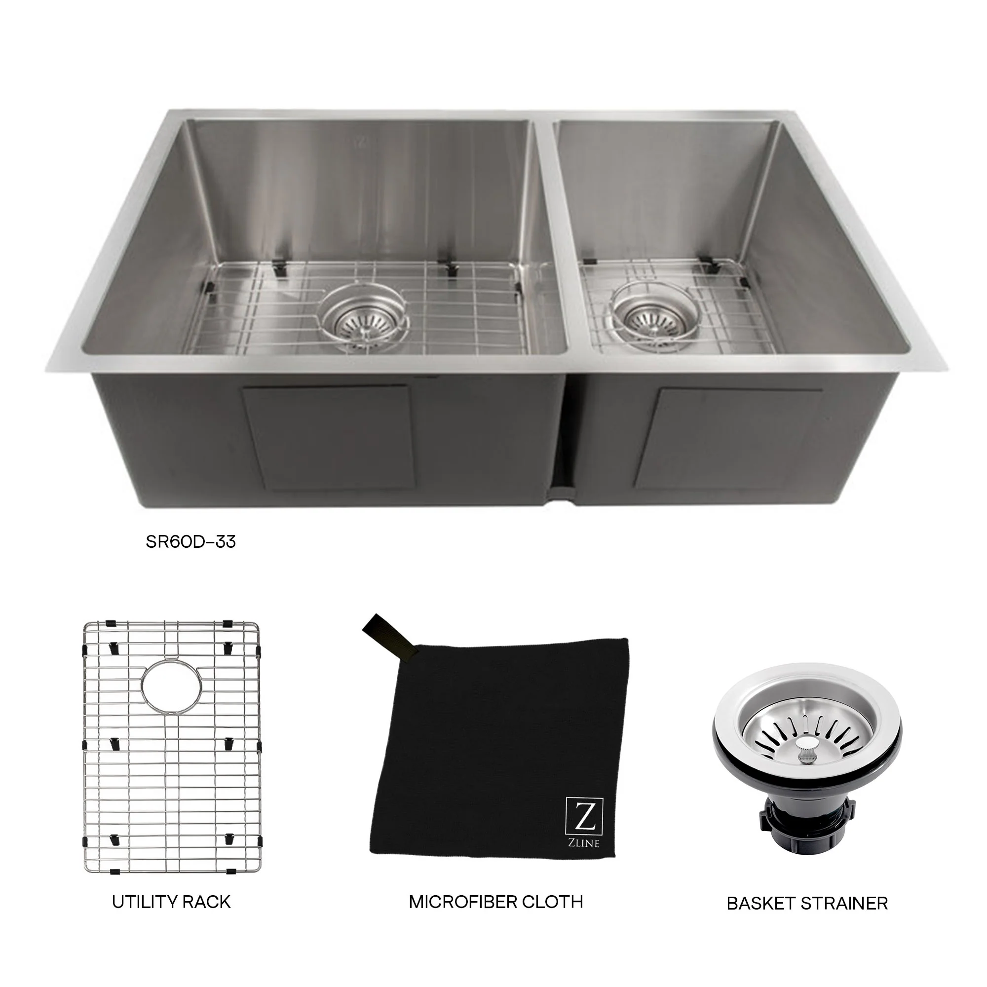 ZLINE 33 in. Chamonix Undermount Double Bowl Stainless Steel Kitchen Sink with Bottom Grid (SR60D-33) - Image 9
