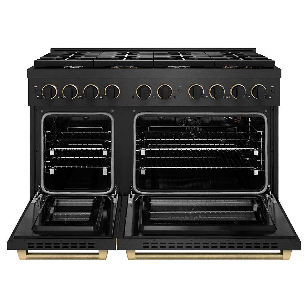 ZLINE Designer Collection 48 in. 6.7 cu. ft. Paramount Double Oven Gas Range with 8 Burner Cooktop in Black Satin Stainless Steel with Matte Black and Champagne Bronze Accents (SGRBSZ-48-MBCB) - Image 2