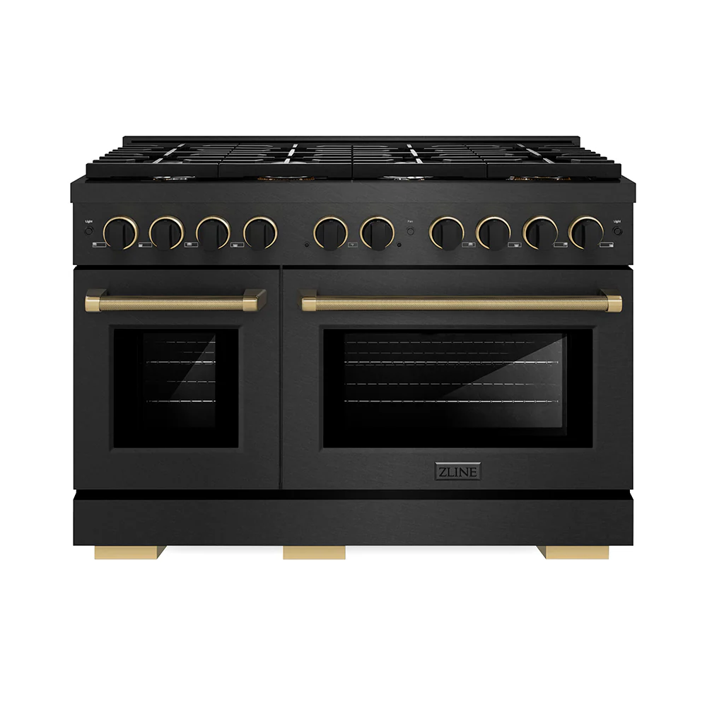 ZLINE Designer Collection 48 in. 6.7 cu. ft. Paramount Double Oven Gas Range with 8 Burner Cooktop in Black Satin Stainless Steel with Matte Black and Champagne Bronze Accents, Open Box-Great Condition