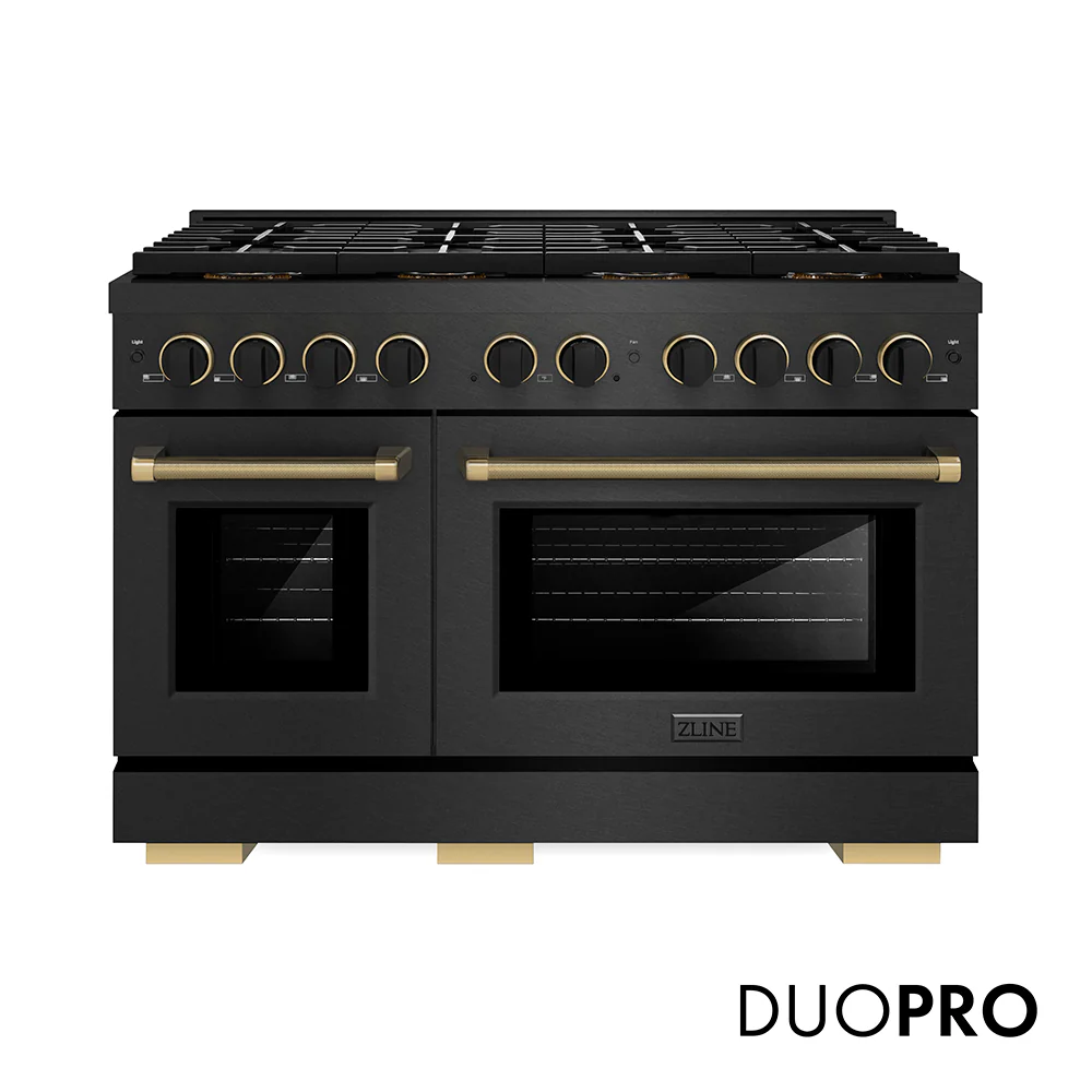 ZLINE Designer Collection 48 in. 6.7 cu. ft. Paramount Gas Range with 8 Burner DuoPro™ Cooktop and Dual Ovens in Black Satin Stainless Steel with Matte Black and Champagne Bronze Accents, Open Box-Great Condition