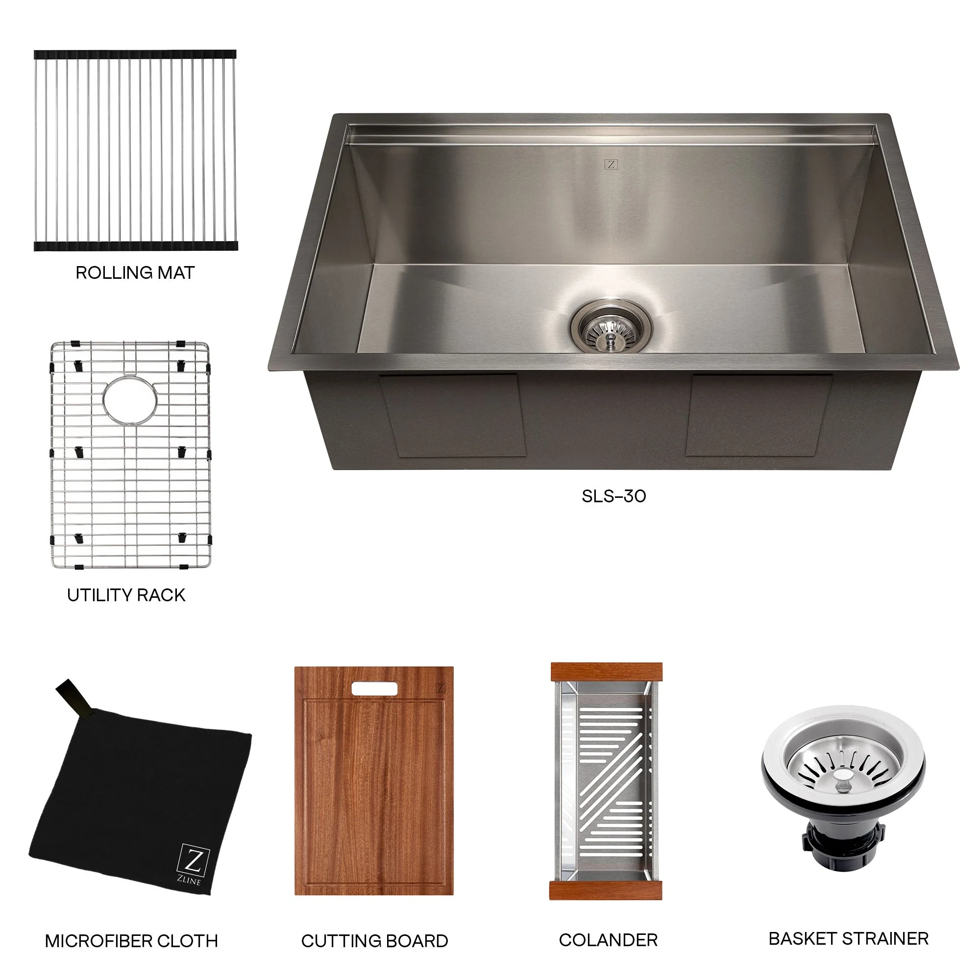 ZLINE 30 in. Garmisch Undermount Single Bowl Stainless Steel Kitchen Sink with Bottom Grid and Accessories (SLS-30) - Image 14