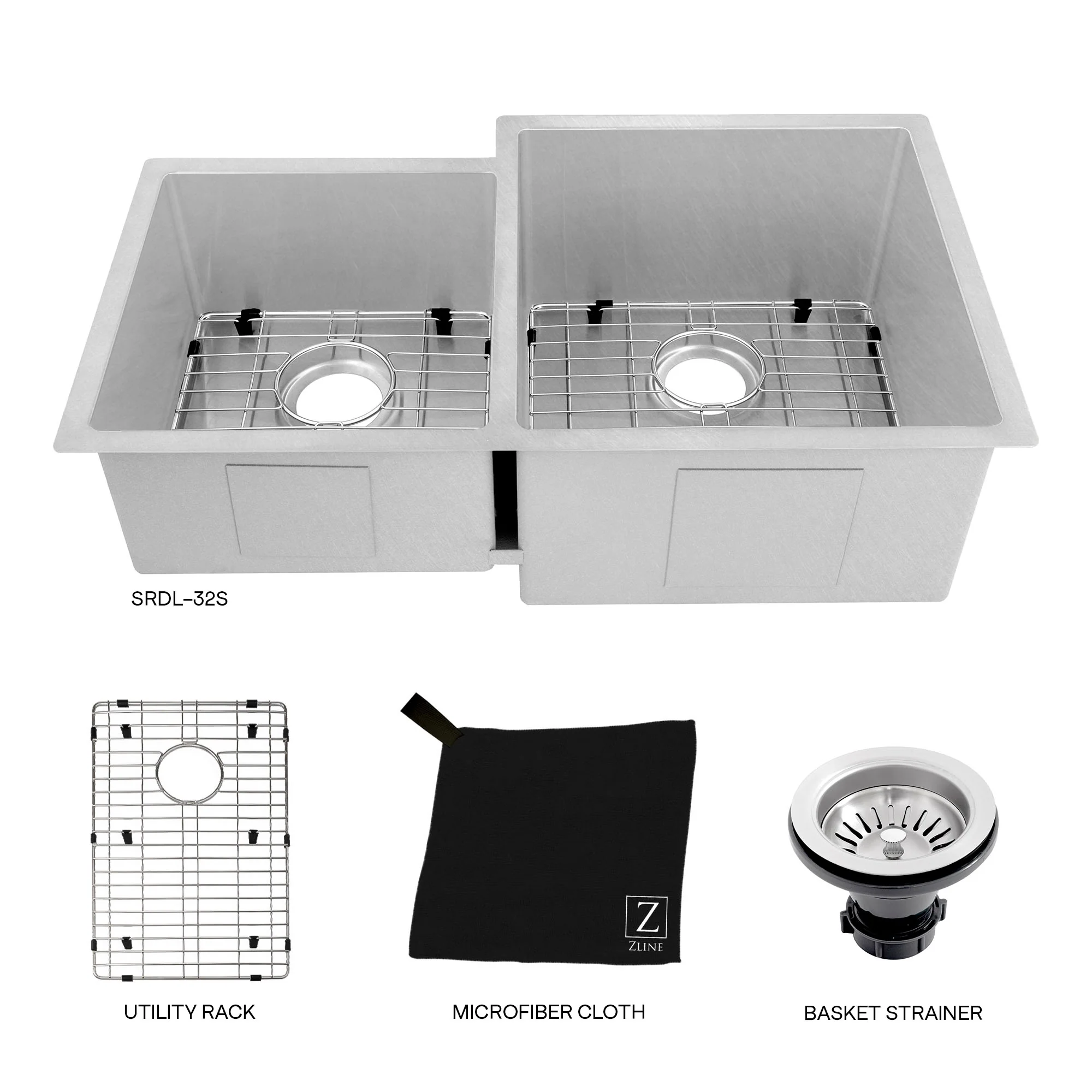 ZLINE 32 in. Jackson Undermount Double Bowl Stainless Steel Kitchen Sink with Bottom Grid (SRDR-32) - Image 7