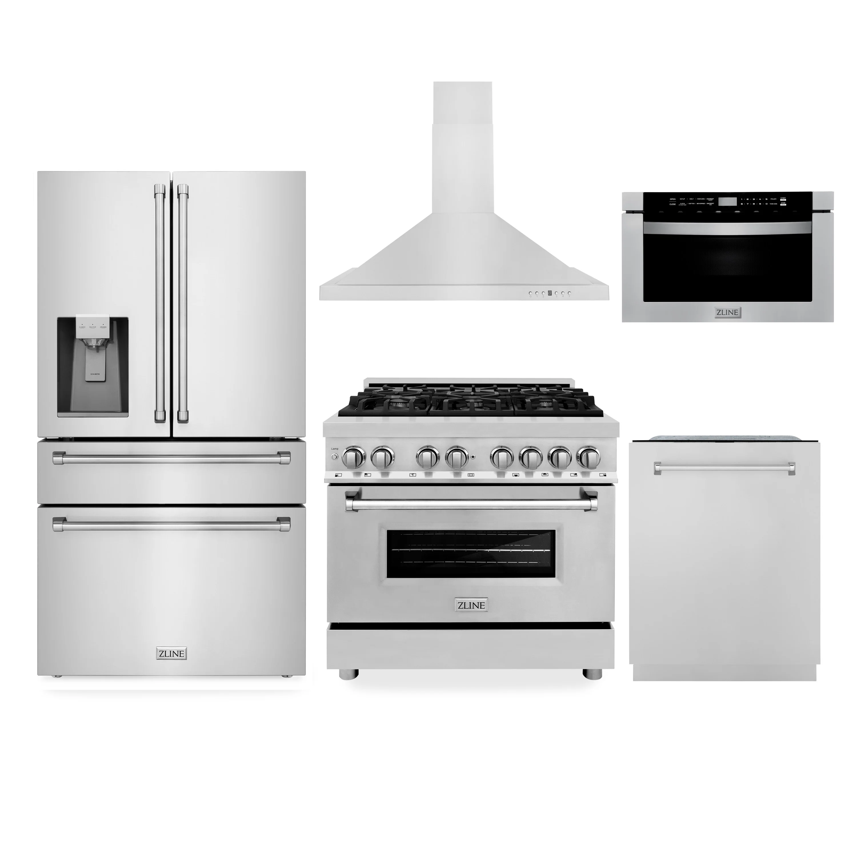 ZLINE Kitchen Package with Water and Ice Dispenser Refrigerator, 36 in. Dual Fuel Range, 36 in. Range Hood, Microwave Drawer, and 24 in. 3rd Rack Dishwasher