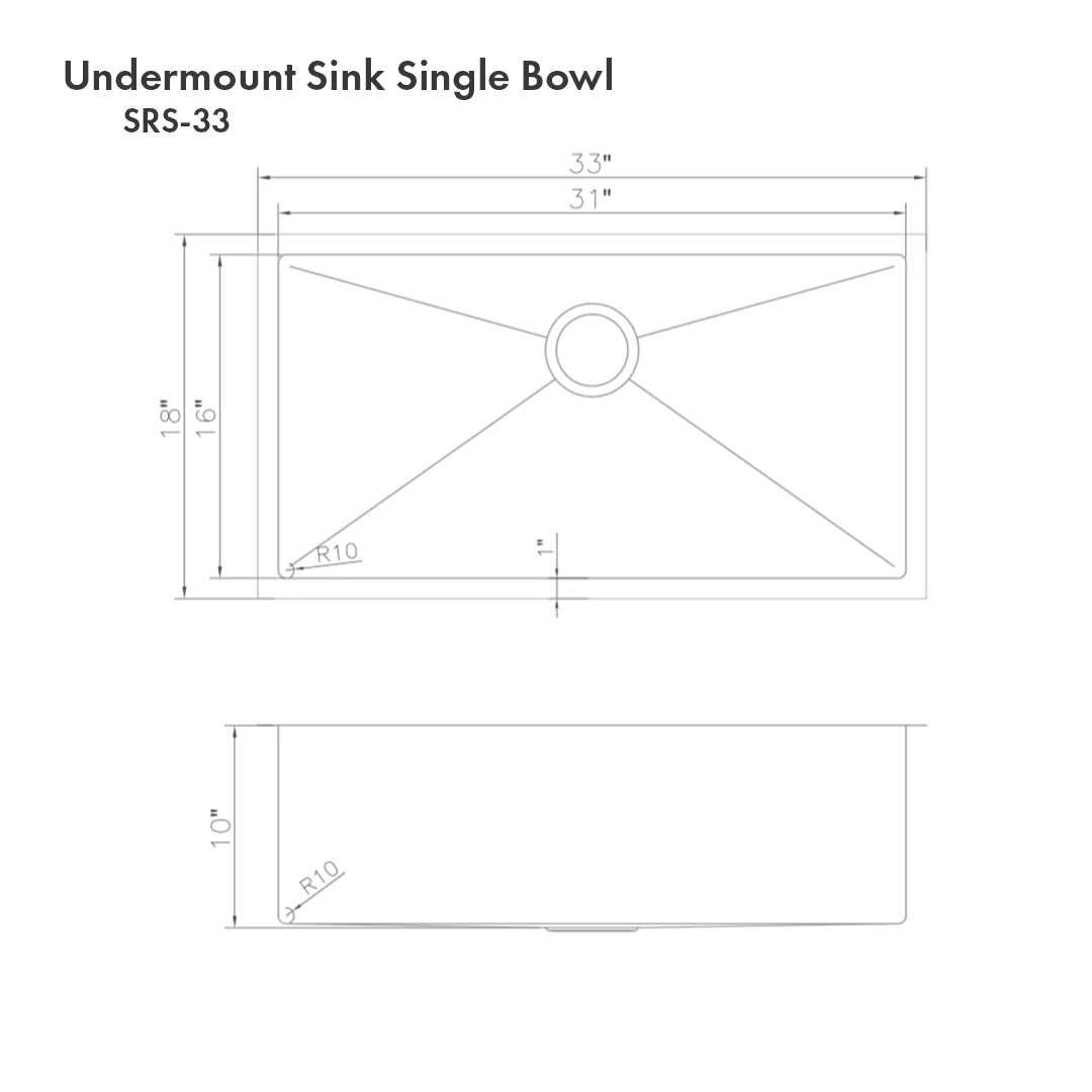 ZLINE 33 in. Meribel Undermount Single Bowl Stainless Steel Kitchen Sink with Bottom Grid (SRS-33) - Image 11